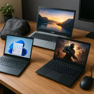 Three laptops displayed on a wooden desk: a compact budget laptop running Windows, an ASUS laptop with a scenic background, and a gaming laptop showing an action game, with a backpack and plant in the background.