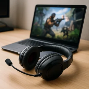 A pair of over-ear PC gaming headsets resting beside a laptop on a modern desk, ideal for immersive gaming and everyday use.