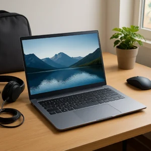 A photograph showcases a modern workspace centered around a slim, high-performance laptop on a wood desk, ideal for students and remote workers.