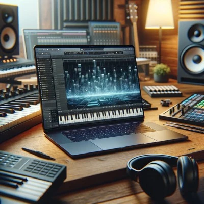 Modern laptop with music production software, surrounded by musical instruments in a home studio setting, symbolizing the ideal choice for recording music.