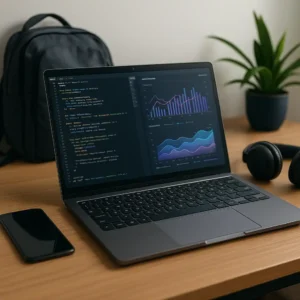 A modern laptop displaying Python code and colorful data visualizations on a wooden desk, accompanied by a smartphone, headphones, and a plant, ideal for a data science student.