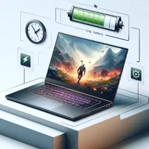 Sleek gaming laptop displaying a dynamic game, flanked by battery life symbols, targeting gamers.