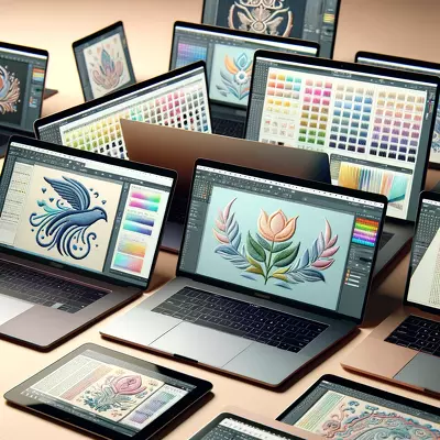 Sleek laptops showcasing embroidery software, ideal for fabric design enthusiasts seeking technology solutions.