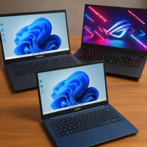 Three ASUS laptops displayed on a wooden table, including a blue 14-inch Vivobook, a gray business laptop, and a larger ROG gaming laptop, all under soft lighting.