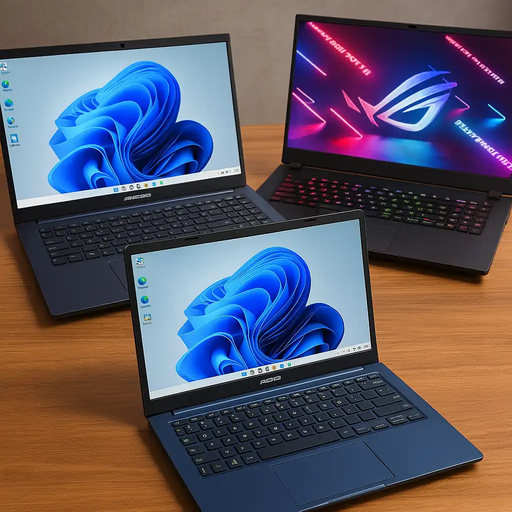 Three ASUS laptops displayed on a wooden table, including a blue 14-inch Vivobook, a gray business laptop, and a larger ROG gaming laptop, all under soft lighting.