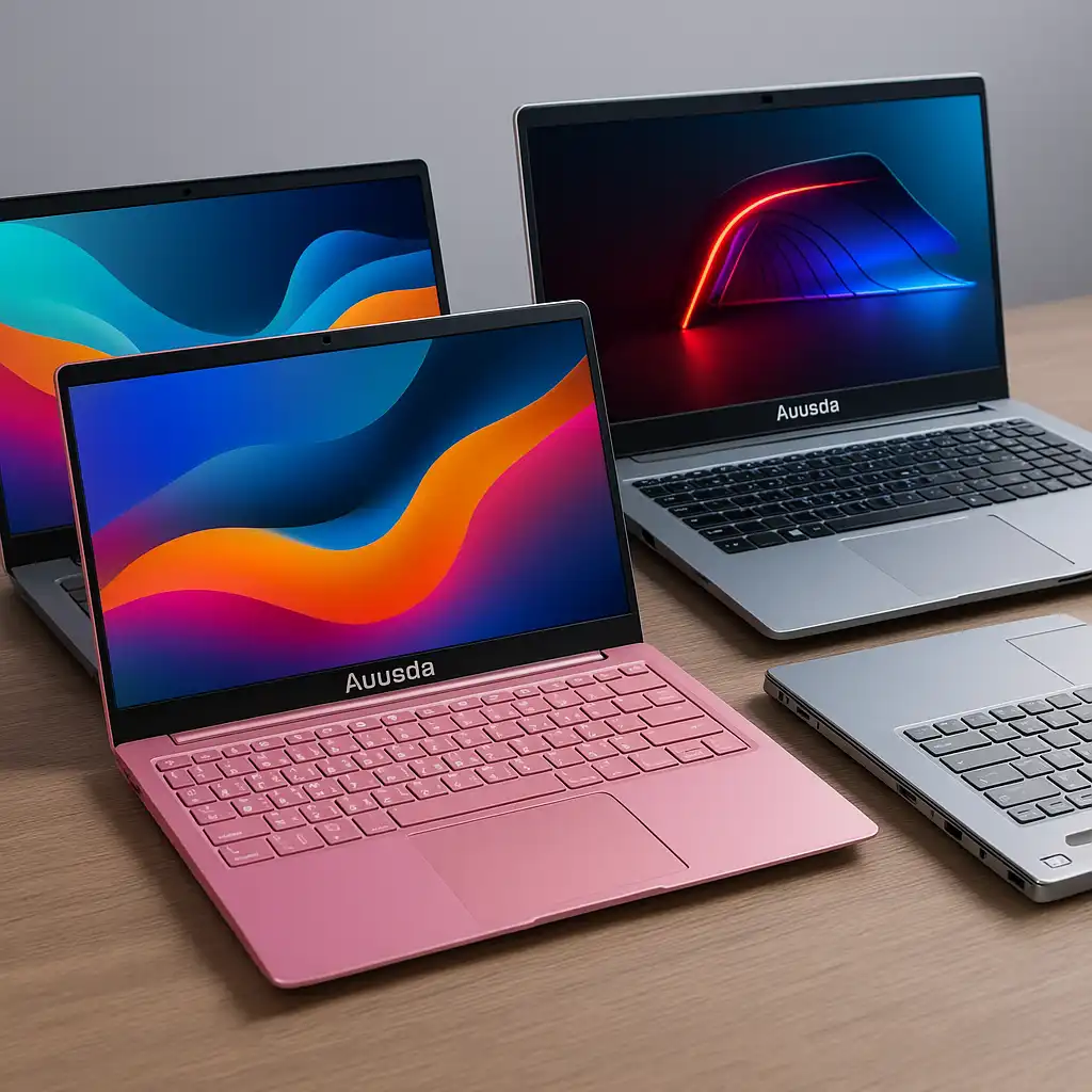 A digital photograph showcases three Auusda-branded laptops in different colors on a wooden desk, with screens turned on and displaying various apps and system interfaces.