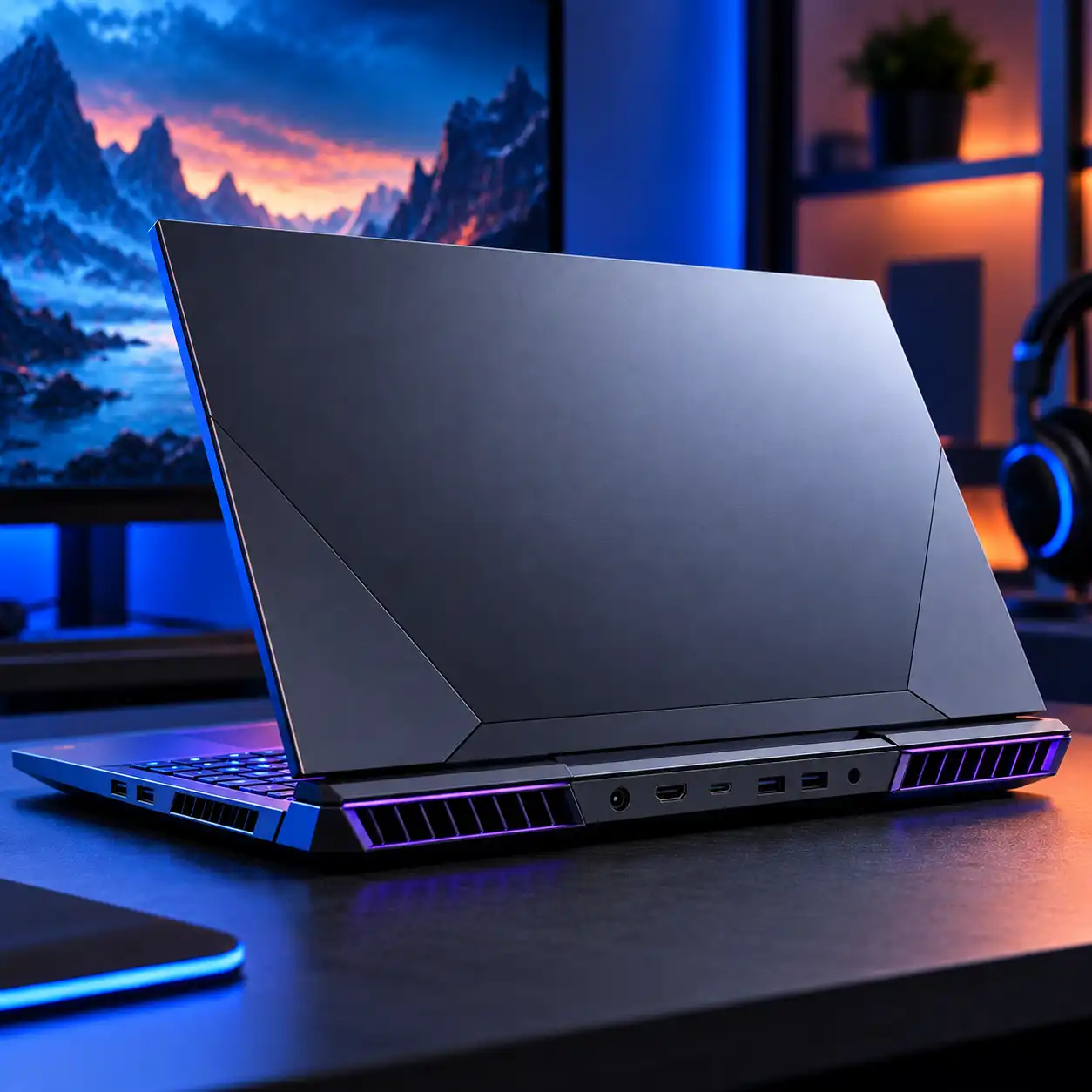 Gaming laptop with rear cooling vents and RGB lighting on a desk.