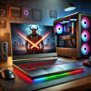 A Dell G15 gaming laptop displaying a futuristic battle game with red LED backlit keyboard, placed beside a custom-built desktop gaming PC with RGB lighting.