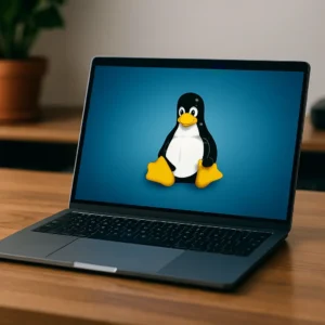 A modern laptop on a wooden desk displaying the Linux Tux logo on screen under soft natural lighting