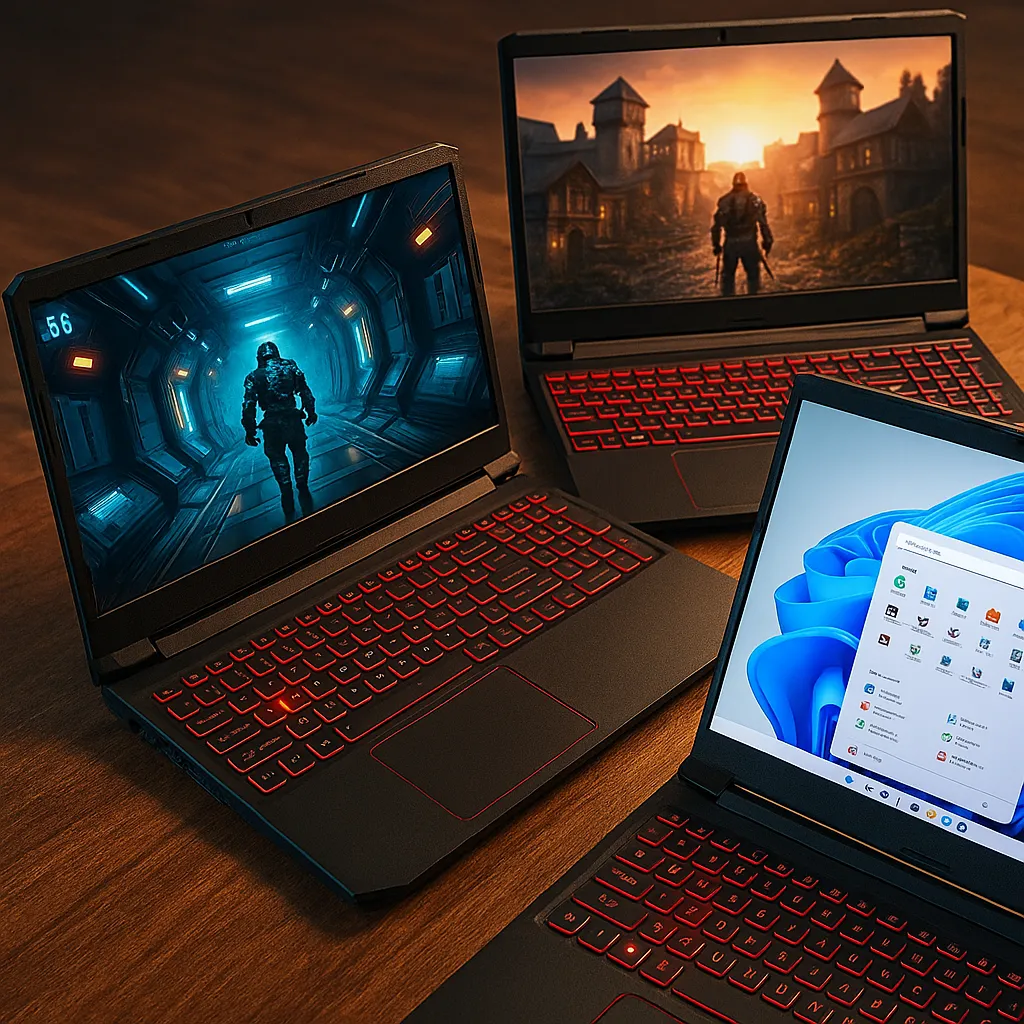 Three high-performance gaming laptops with red-backlit keyboards displaying different scenes—a sci-fi corridor, a medieval fantasy landscape, and a Windows 11 desktop—on a wooden surface.