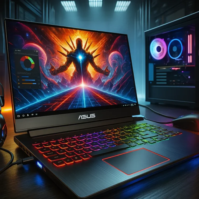 An ASUS gaming laptop with a vivid RGB keyboard and futuristic game graphics on screen, set up in a high-performance gaming station.