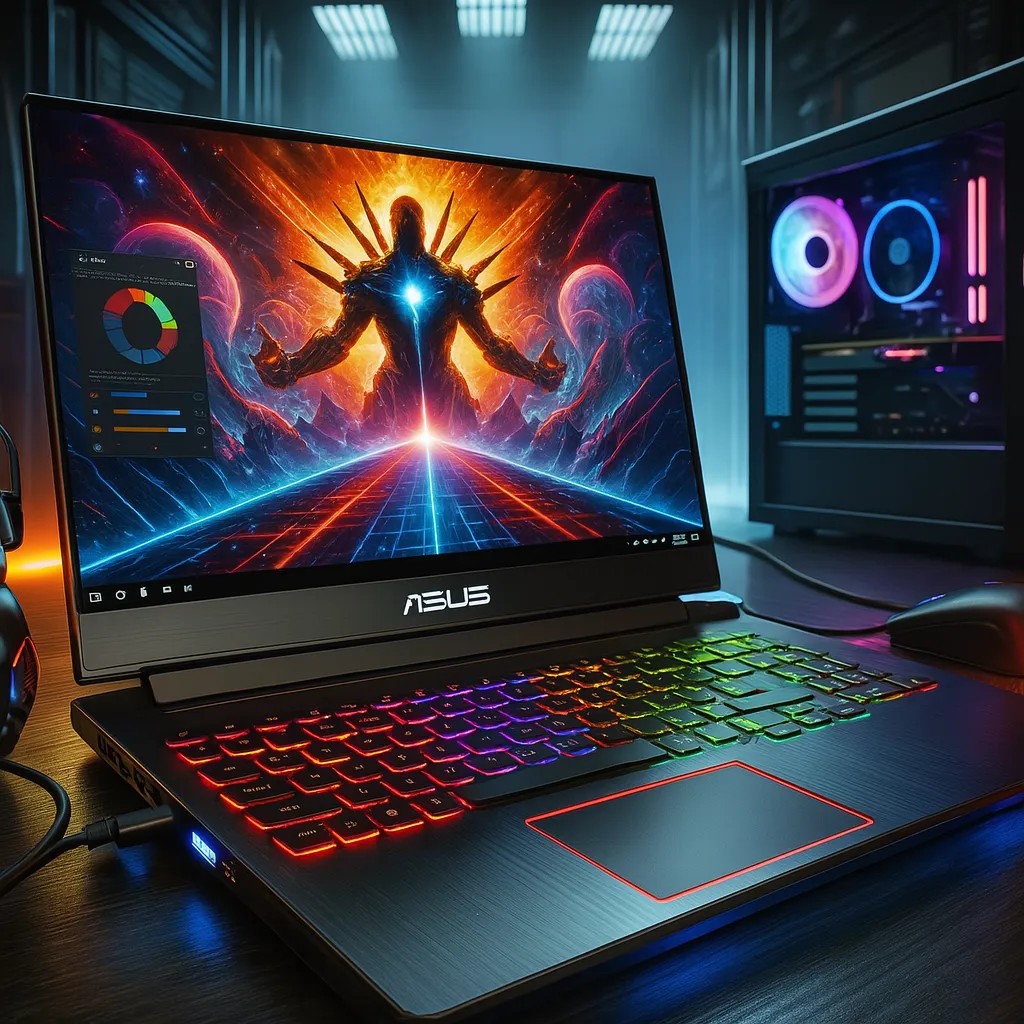 An ASUS gaming laptop with a vivid RGB keyboard and futuristic game graphics on screen, set up in a high-performance gaming station.