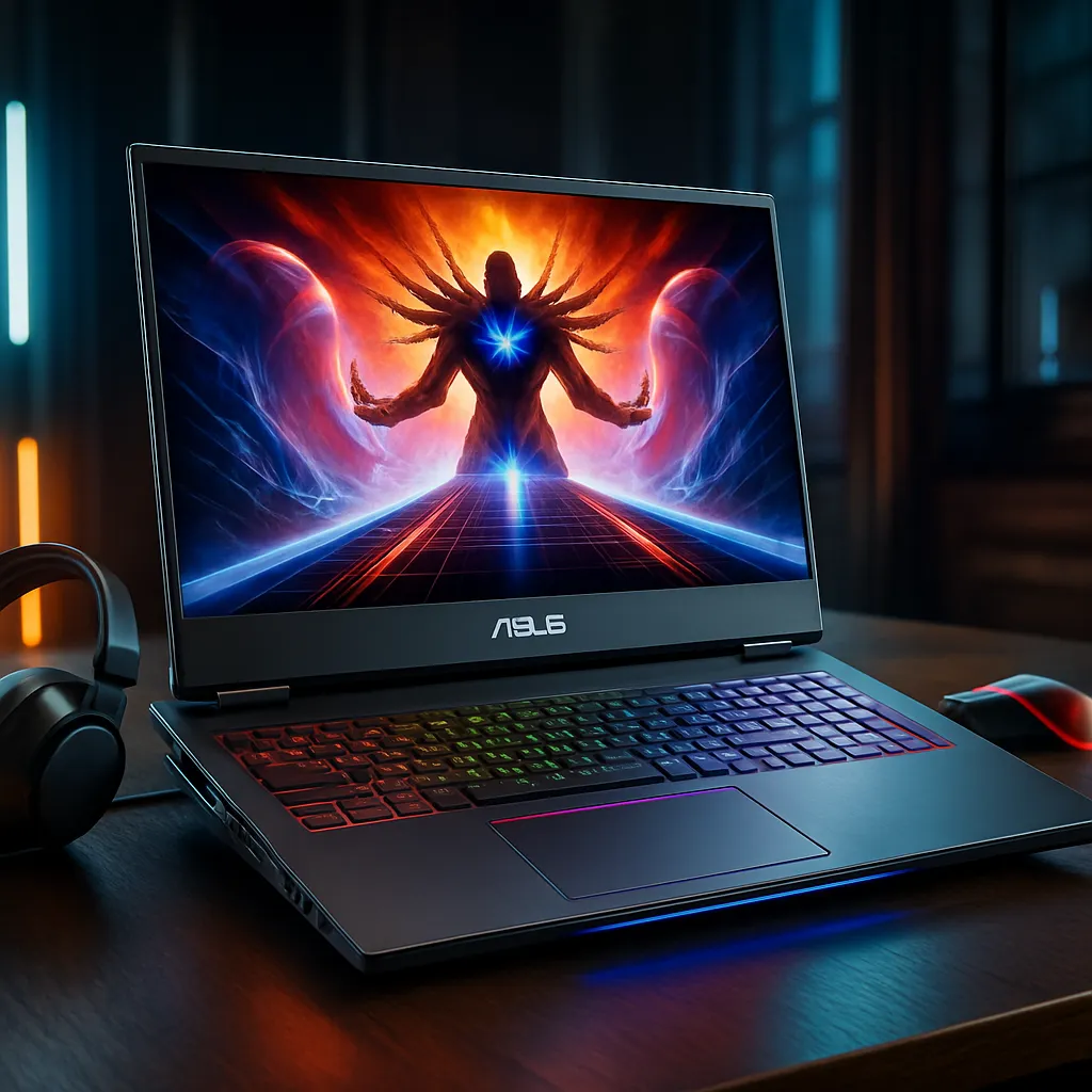 A high-resolution digital photograph showcases an ASUS gaming laptop on a sleek desk setup, featuring RGB lighting and a futuristic game interface on screen.