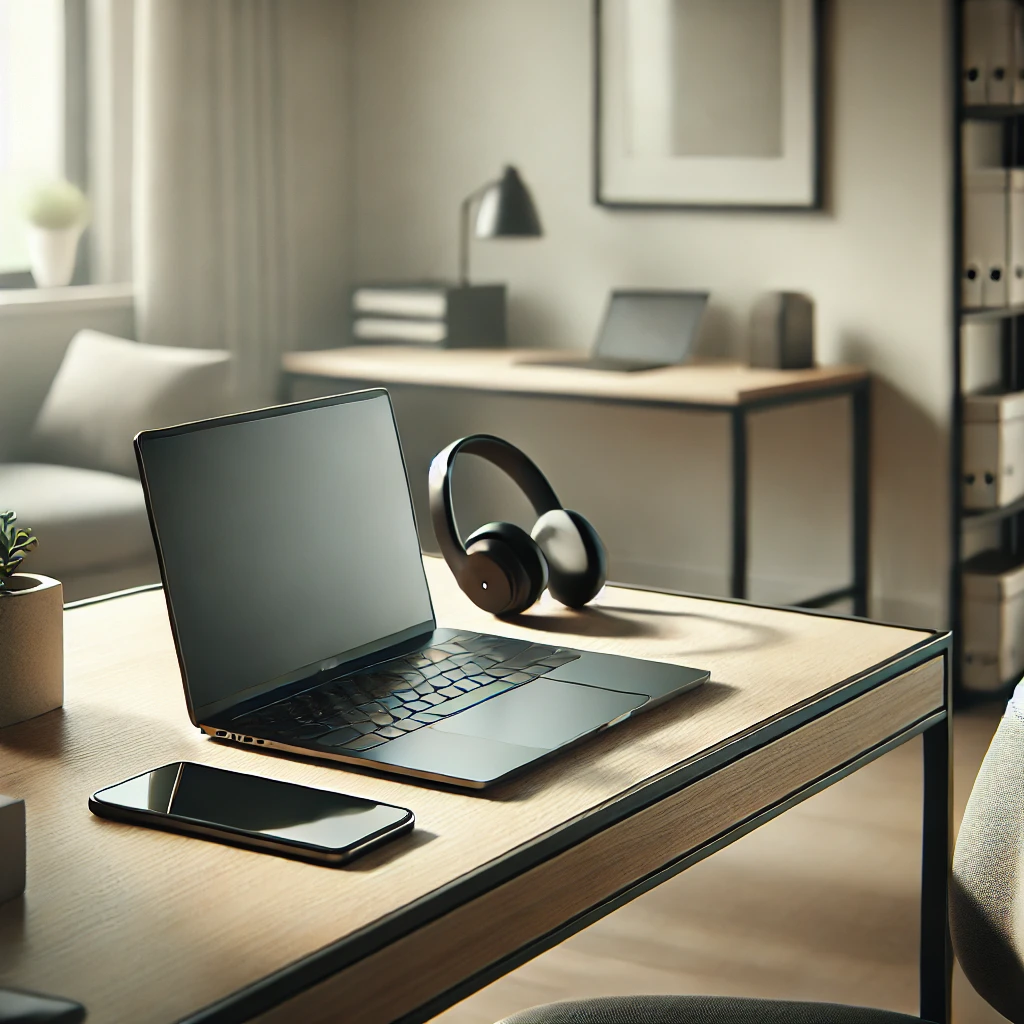 best bluetooth headset for laptop calls on a desk next to a laptop and phone