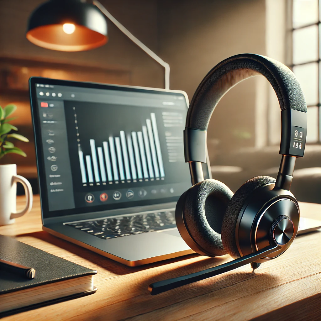 Wireless headset with microphone placed next to a laptop on a desk, showing a chart on screen, representing best headsets for laptop conference calls.
