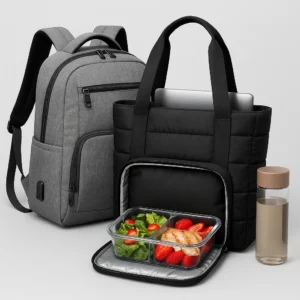 A stylish black tote with an insulated lunch compartment holding a salad and strawberries, alongside a gray laptop backpack and water bottle, perfect for work or school.