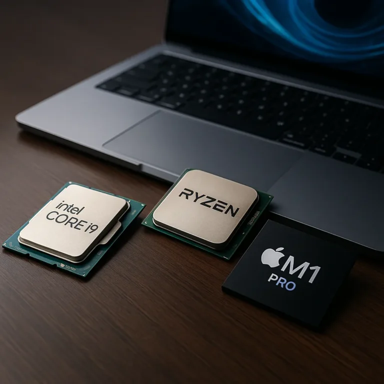 Three laptop processors—Intel Core i9, AMD Ryzen, and Apple M1 Pro—displayed on a wooden desk next to an open laptop.