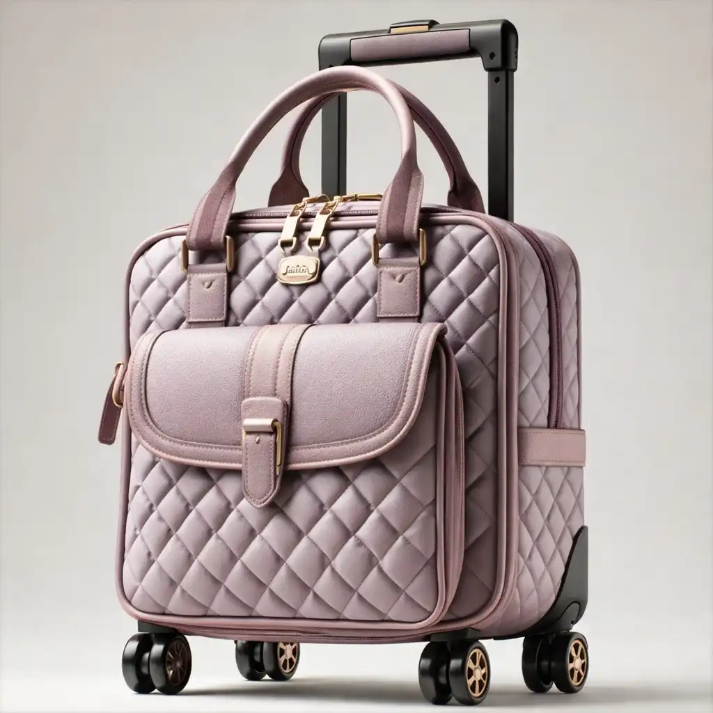 Quilted rolling laptop bag with telescopic handle and spinner wheels for business travel.