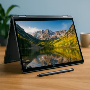 Dell 2-in-1 laptop in tent mode on a desk, displaying a vivid mountain lake scene with a stylus nearby