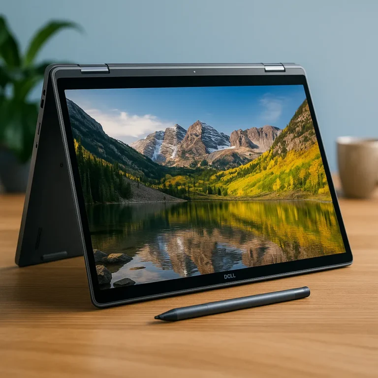 Dell 2-in-1 laptop in tent mode on a desk, displaying a vivid mountain lake scene with a stylus nearby