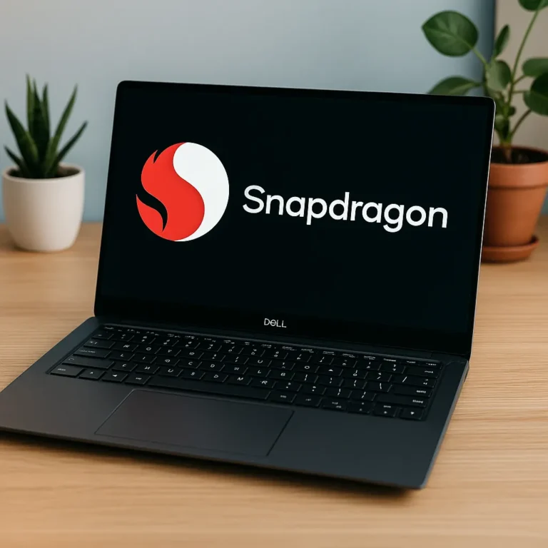 A digital photograph displays a modern Dell laptop with a Snapdragon logo on screen, sitting on a wooden desk with potted plants in the background.