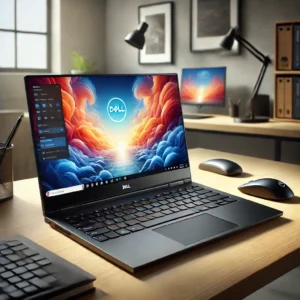 A Dell Inspiron 15 3520 laptop on a wooden table, displaying a colorful screen with a blurred home background.