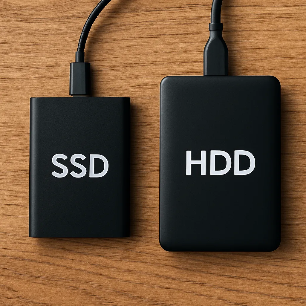 Two external storage drives—one SSD and one HDD—placed side by side on a wooden desk, highlighting the visual and design differences.