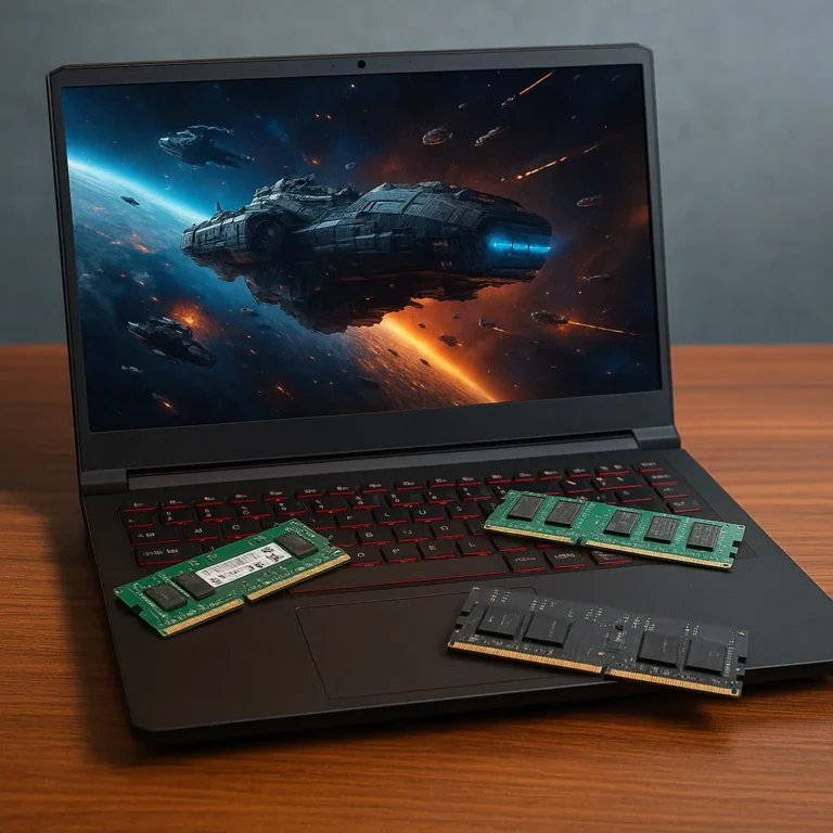 An open gaming laptop on a desk with colorful RGB lighting, a visible cooling vent, and a game paused on screen, suggesting high RAM usage.