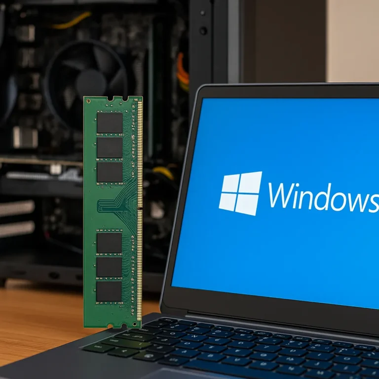 A close-up view of a Windows 10 laptop screen showing system memory usage in Task Manager, with a dimly lit tech workspace in the background.