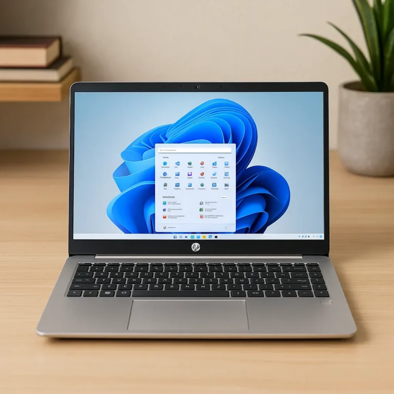 A sleek HP 14-inch laptop with a Windows 11 desktop interface on a wooden desk, surrounded by minimal decor and natural lighting.