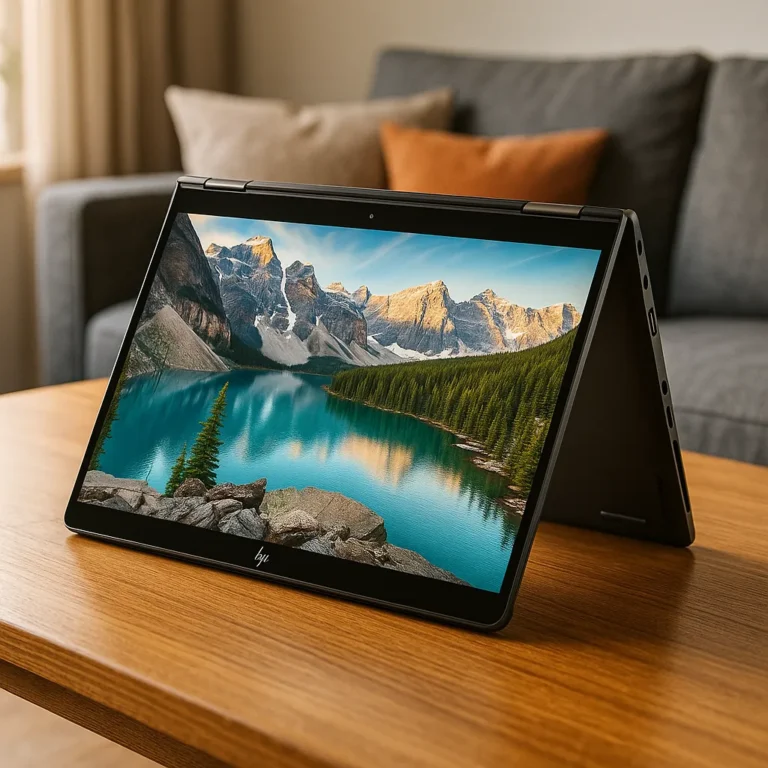 A photograph showcases a modern HP convertible laptop in tent mode on a wooden table, displaying a vivid alpine lake landscape with mountains.