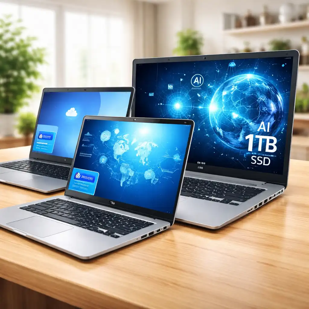 Hp essential laptops displayed side by side on a clean wooden desk with a bright modern background, showing different sizes and everyday use setup.