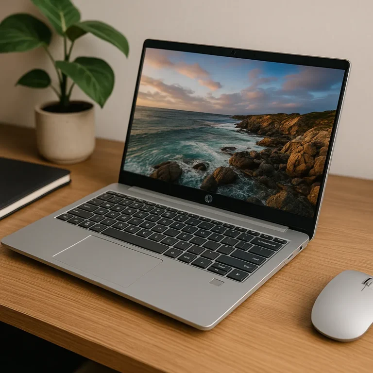 A high-resolution digital photograph showcases a silver HP laptop on a wooden desk, with a vivid coastal scene on its screen and a fingerprint reader near the touchpad.