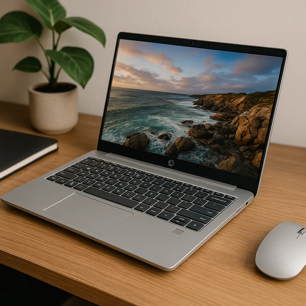 A high-resolution digital photograph showcases a silver HP laptop on a wooden desk, with a vivid coastal scene on its screen and a fingerprint reader near the touchpad.