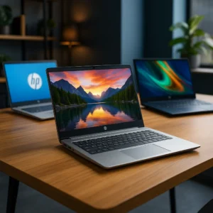 A digital photograph showcases three HP laptops displayed on a wooden table, each with a vivid screen, set in a modern home office with dark walls and soft lighting.