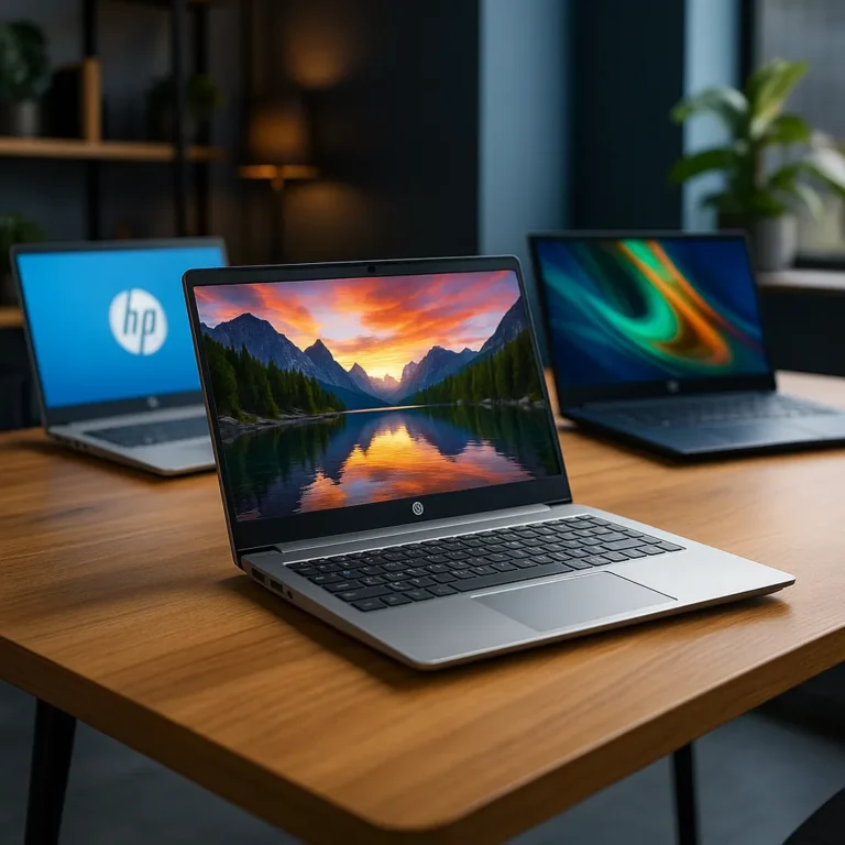 A digital photograph showcases three HP laptops displayed on a wooden table, each with a vivid screen, set in a modern home office with dark walls and soft lighting.