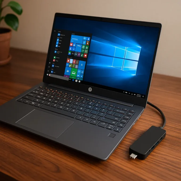 HP business laptop with touchscreen and USB-C hub on a wooden desk