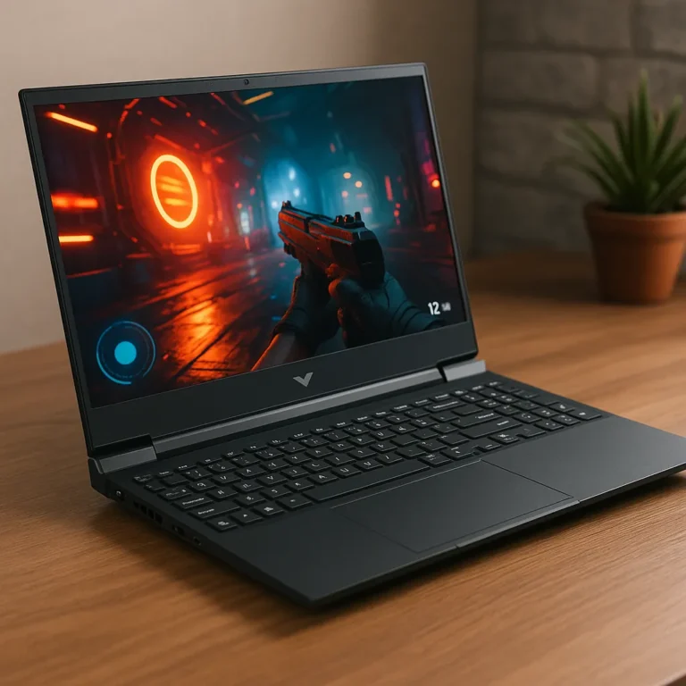 An HP Victus gaming laptop with a sleek black chassis placed on a desk, displaying a vivid game scene on its high-refresh-rate screen.