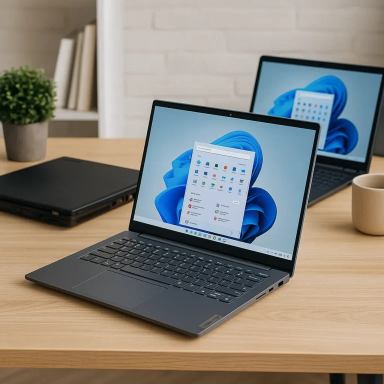 A modern workspace featuring three Lenovo laptops on a wooden desk—one open IdeaPad showing Windows 11, a closed black ThinkPad, and a convertible model—surrounded by a mug, potted plant, and books under soft natural lighting.
