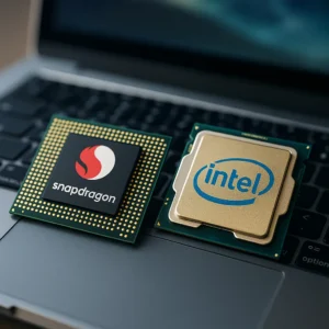 A photograph showcases two computer processors side by side—one labeled Snapdragon and the other Intel—placed on a reflective circuit board background, representing a comparison of chip technologies.