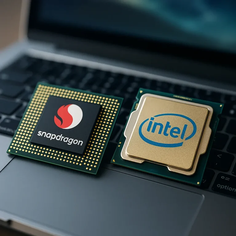A photograph showcases two computer processors side by side—one labeled Snapdragon and the other Intel—placed on a reflective circuit board background, representing a comparison of chip technologies.