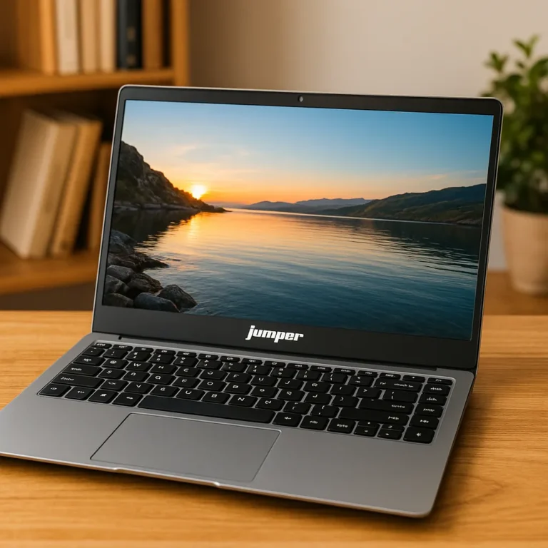 A digital photograph features a Jumper brand laptop on a wooden desk, with a sunset over a lake displayed on its screen, a small potted plant and bookshelf in the background.