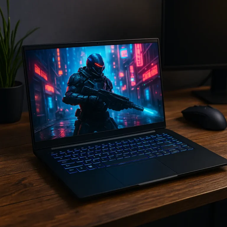 A modern gaming laptop displaying a vivid sci-fi scene on screen, set on a wooden desk with a gaming mouse and potted plant nearby.