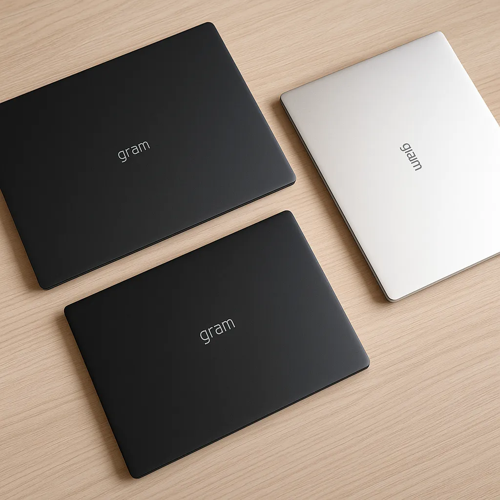 Three LG Gram laptops in black and silver arranged on a light wooden surface, showcasing their sleek, lightweight design from above.