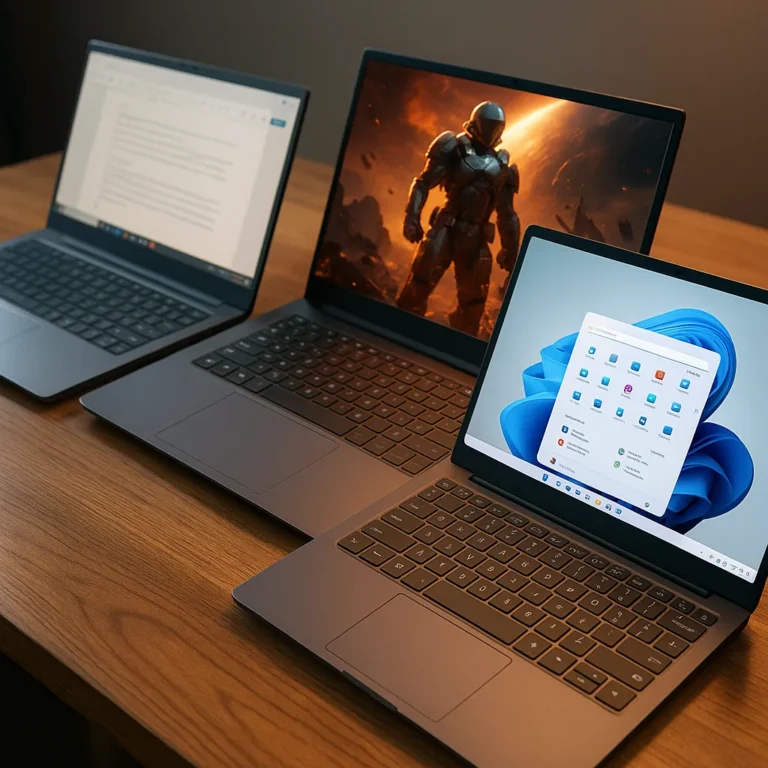 Three modern 15.6-inch laptops on a wooden desk, each showing a different use: text editing for students, gaming with sci-fi visuals, and a business interface with Windows 11.