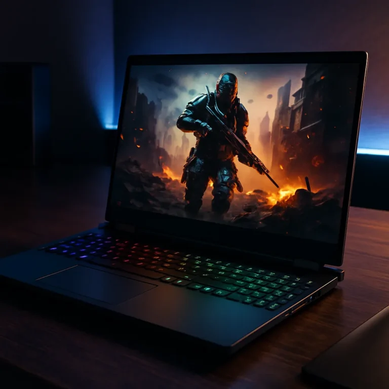 A digital photograph features a sleek gaming laptop with an RTX 4060 GPU displayed on a modern desk setup, RGB keyboard lit, and gaming wallpaper on screen.