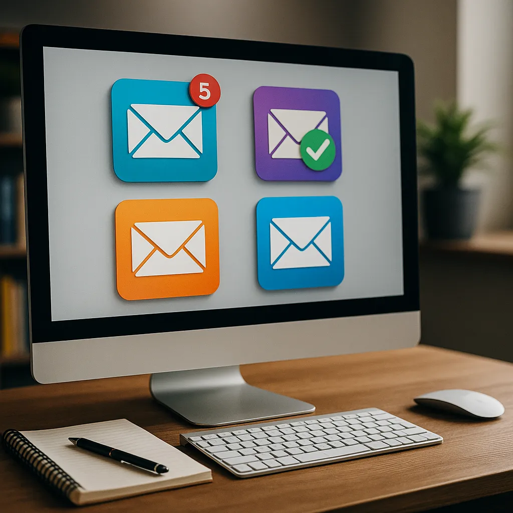 A computer screen showing a cloud-based email delivery dashboard with SMTP settings and analytics, set in a modern home workspace.