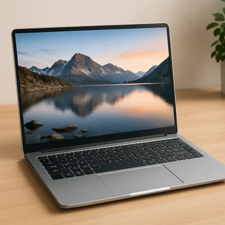 A modern silver laptop with a 16-inch Full HD display showing a mountain lake sunset scene, placed on a wooden desk with a potted plant in the background.