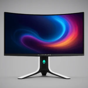 A digital photograph showcases an Alienware curved 32-inch 4K QD-OLED gaming monitor with vibrant colors on the display and a futuristic V-shaped white and black stand, set against a clean gray background.