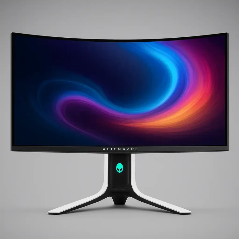 A digital photograph showcases an Alienware curved 32-inch 4K QD-OLED gaming monitor with vibrant colors on the display and a futuristic V-shaped white and black stand, set against a clean gray background.